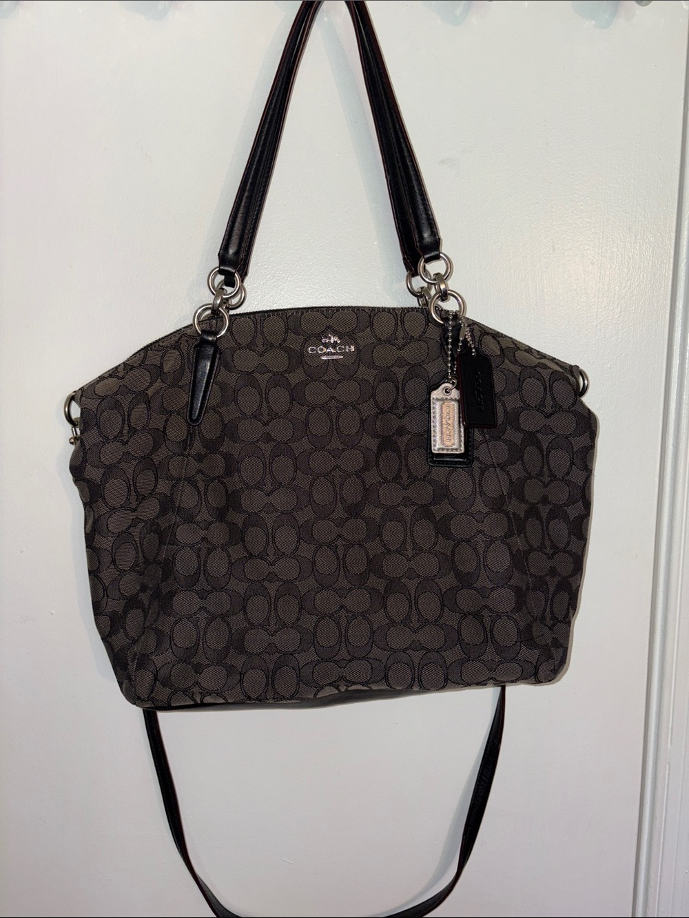 Coach Dark Brown Signature Canvas Shoulder Bag with Black Straps